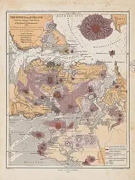 1859 map showing the volcanoes and lava flows. Glover Park volcano is to the upper right on the shores of the Waitematā Harbour.