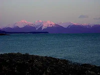 Mountain view at Auke Bay, Alaska, showing distinctive purple tinges.