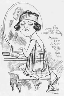 Magazine caricature with a young woman at her dressing-table and her genial husband reflected in her mirror