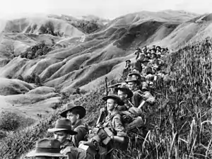 A line of soldiers wearing slouch hats rest amongst tall grass on a slope overlooking a steep valley