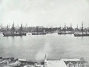 Ships of the Royal Navy's Squadron on the Australia Station moored in Farm Cove.