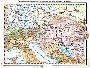 A map showing Austria-Hungary, northern Italy, and the northern Adriatic Sea. The internal divisions of Austria and Hungary are shown as well.