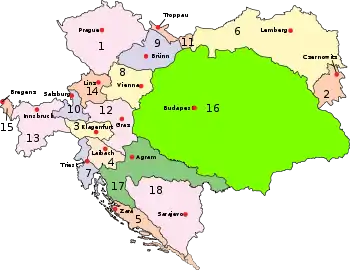 Image 47Two parts of the Triune Kingdom: Croatia-Slavonia (number 17) and Dalmatia (number 5) within Austria-Hungary (from History of Croatia)