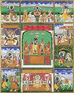 Image 8The ten avatars of Vishnu, (Clockwise, from top left) Matsya, Kurma, Varaha, Vamana, Krishna, Kalki, Buddha, Parshurama, Rama and Narasimha, (in centre) Radha and Krishna. Painting currently in Victoria and Albert Museum. (from Hindu deities)