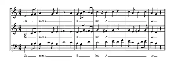 Image 9Portion of Du Fay's setting of Ave maris stella, in fauxbourdon. The top line is a paraphrase of the chant; the middle line, designated "fauxbourdon", (not written) follows the top line but exactly a perfect fourth below. The bottom line is often, but not always, a sixth below the top line; it is embellished, and reaches cadences on the octave.Play (from Renaissance music)