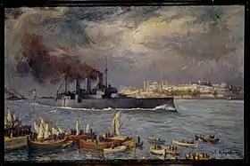 Painting depicting Averof in the Bosporus during the occupation of Constantinople in 1919. Hagia Sophia in the background