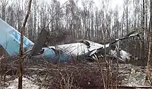 aircraft wreckage, with fuselage broken in two, in midst of trees in winter