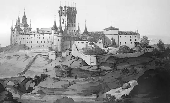 Engraving of the Alcázar de Segovia