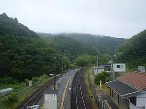 A view of the station platforms and tracks, looking in the direction of Takamatsu.