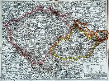 Image 34An 1892 map showing Bohemia proper outlined in pink, Moravia in yellow, and Austrian Silesia in orange (from Bohemia)