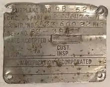 Data plate off of a B52 that has history