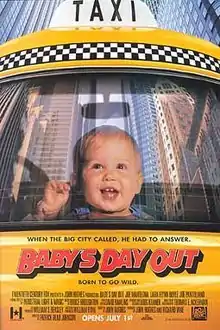 Film poster depicting a infant in a taxi, happily watching these buildings. The title "Baby's Day Out", a text "When the big city called, he had to answer. Born to go wild.", the names of the cast, director, producer, music composer and a release date appear at the bottom.