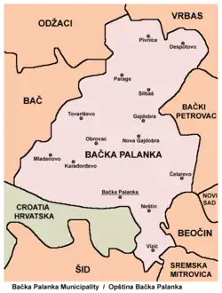 Map of the Bačka Palanka municipality, showing the location of Karađorđevo