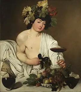 Painting of Dionysus with garland, food and wine