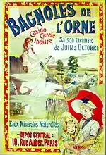 This is a 19th-century advertising poster for the hydrotherapic baths of Bagnoles de l'Orne (France).