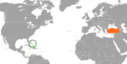 Map indicating locations of Bahamas and Turkey