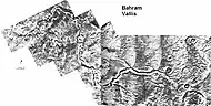 Bahram Vallis, as seen by Viking. Valley is located in Northern Lunae Planum and the Lunae Palus quadrangle. It lies nearly midway between Vedra Valles and lower Kasei Valles.