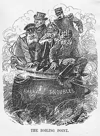 A Punch cartoon of October 2, 1912 depicting Britain, France, German Empire, Austria-Hungary, and Russian Empire sitting on a lid on top of a pot marked "Balkan Troubles", satirizing the situation in the Balkans leading up to the First Balkan War