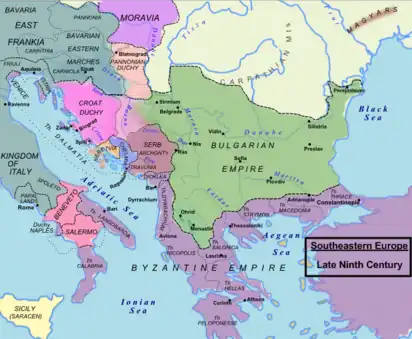 Southeast Europe c. 850; Duchy of Croatia is shaded pink.