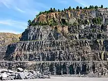 Balls Bluff Siltstone with diabase intrusion, northern face of Luck Stone Quarry, Manassas