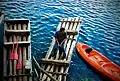 Two balsa rafts and a kayak at Lagos de Montebello in Chiapas, Mexico