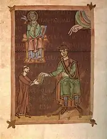 The scribe Bebo of Seeon Abbey, presenting his copy of St Gregory's Moralia in Job to Emperor Henry II, 11th century