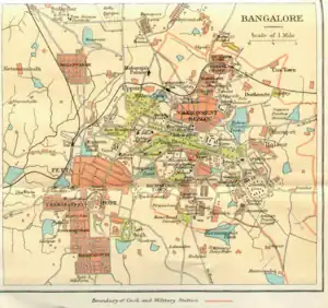 Image 7Bangalore city map, circa 1924 from "Murray's 1924 Handbook", with the pete and Cantonment areas clearly visible. (from History of Bangalore)