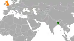 Map indicating locations of Bangladesh and United Kingdom