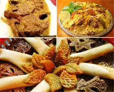 Montage of Bengal's culinary delights. Shorshe Ilish (top left), Kacchi Biryani of Old Dhaka (top right), Pitha (bottom)