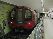 Waterloo & City line 1992 stock train at Bank tube station awaiting departure towards Waterloo.