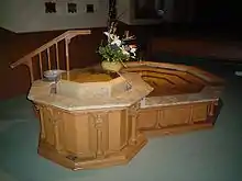 The baptismal font at St. Raphael's Cathedral, Dubuque, Iowa, was expanded in 2005 to include a small pool for immersion of adults.