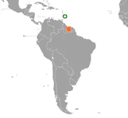 Map indicating locations of Barbados and Suriname