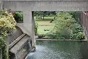 A waterfall in the Barbican Gardens.