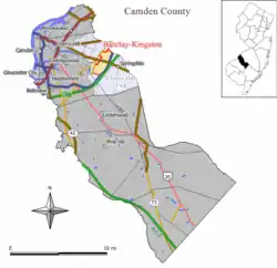 Map of the former Barclay-Kingston CDP in Camden County. Inset: Location of Camden County in New Jersey.