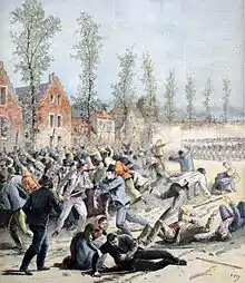 Image 27The "Fusilade of Mons" during the 1893 strike as the Borains are fired on by the Garde Civique during the protests for universal suffrage. (from History of Belgium)