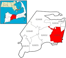 Location of ZIP code 02601 Hyannis within the Town of Barnstable, county, and state