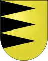 Municipal arms of Bassecourt (Switzerland): Or, three piles issuing from dexter sable. A pile can also issue from the sinister.