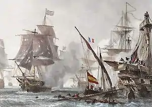  A small boat with a red and yellow striped flag sails on a choppy sea between two large damaged ships. Four ships are visible through the smoke in the background.