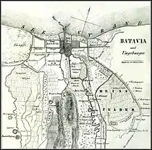 Image 18Map of Batavia in 1840. Multiple villas started to appear to the south of the old Batavia. (from Colonial architecture in Jakarta)