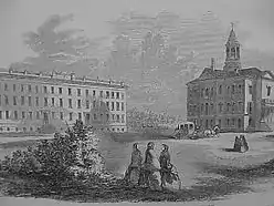 1857 lithograph image of Hathorn and Parker Halls from an early college catalogue