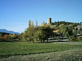 The 12th century tower overlooks the village