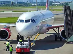 An Indonesia Batik air A320 on pushback at Soekarno–Hatta International Airport