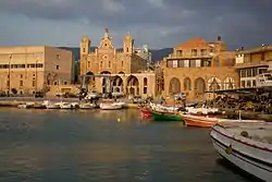 The port at the old city of Batroun with the St. Stephens Church