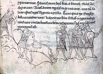 A medieval manuscript and ink picture of King Stephen at the Battle of Lincoln