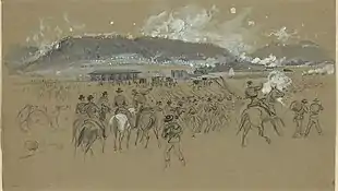 Ink wash drawing shows soldiers fighting a battle. On the horizon is a high ridge.