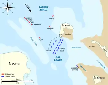 Map of the Basque Roads showing the position of the French and British ships at the start of the 1809 battle