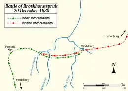 A map of Pretoria and the region to its east, with coloured arrows showing troop movements