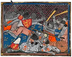 Image 2214th-century illustration of the Battle of the Golden Spurs in 1302 where forces from the County of Flanders defeated their nominal overlords of the Kingdom of France. (from History of Belgium)