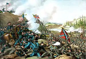 Chromolithograph of a large battle. One group displays the Confederate battle flag and the other displays an American flag.