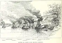 Black and white illustration of steamboats firing from a river onto the ruins of a town and the bluffs behind.  Smoke rises from the ruins, the bluffs, and the smokestacks of the ships.